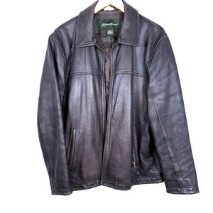 Eddie Bauer Leather Jacket Men's Large Brown Collared Zip Pockets EUC!